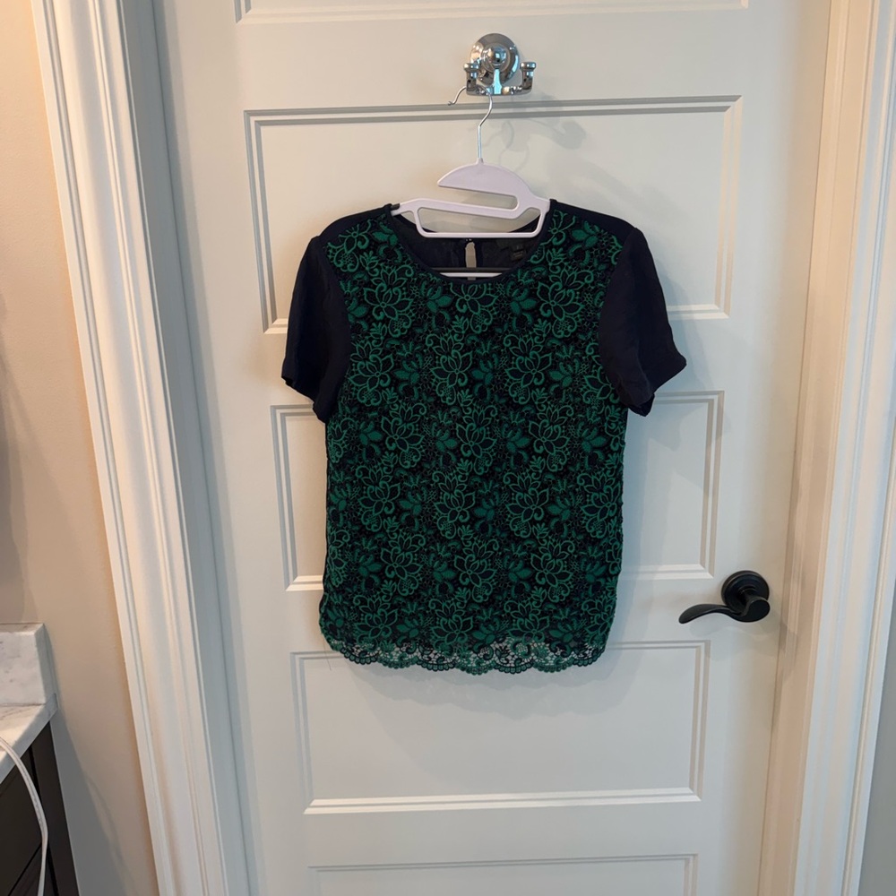 J. Crew Green Lace Blouse with Navy Sleeves size 2